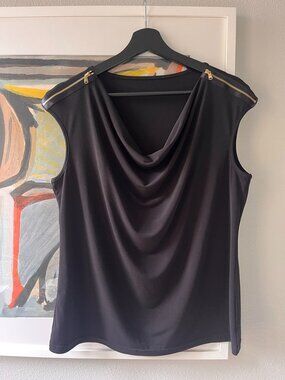 Cowl Neck Shoulder Zip Gold Hardware Cap Sleeve Black Tank Top L